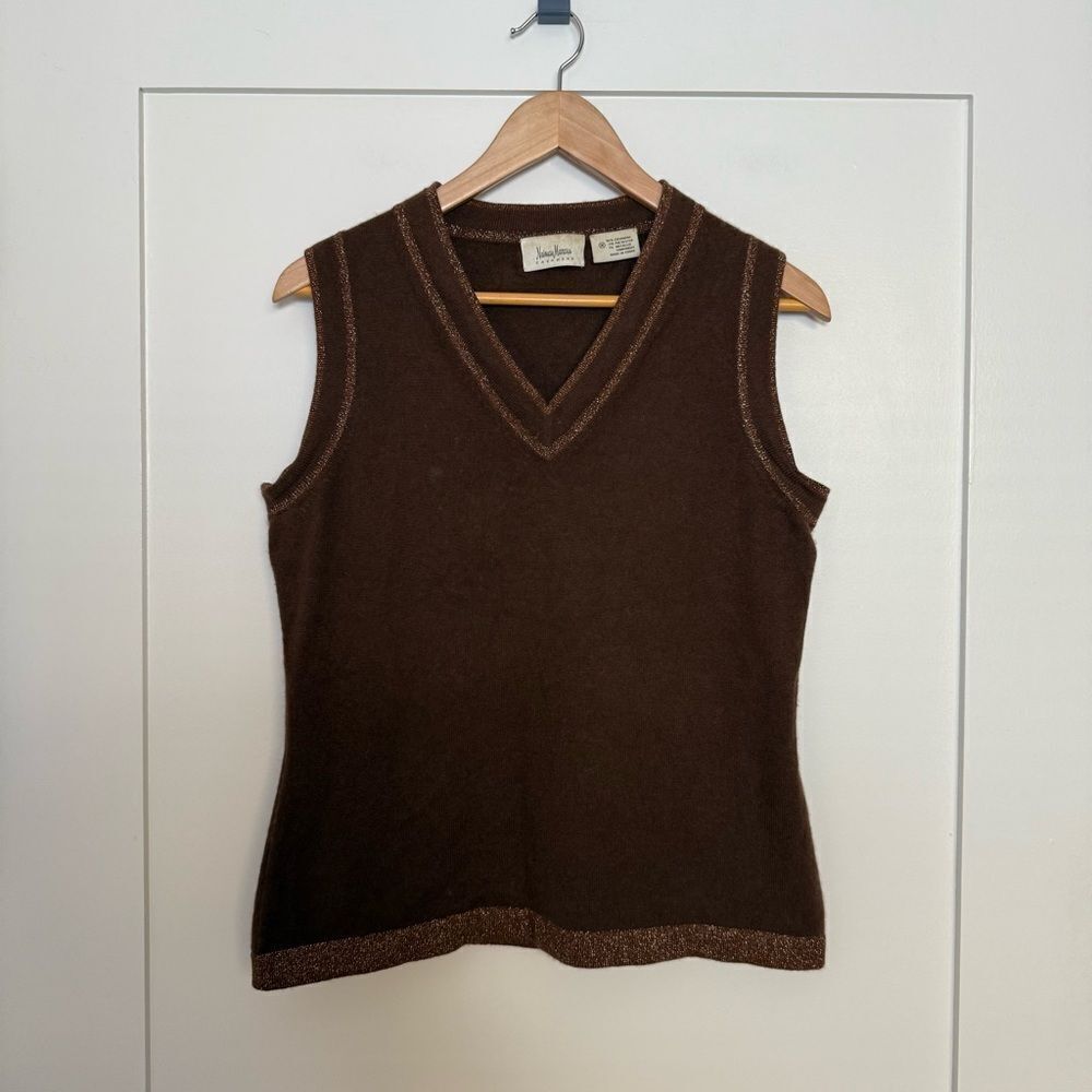 Neiman Marcus Top Tank Sweater Womens Sz M Brown Sleeveless V Neck Knit Cashmere
